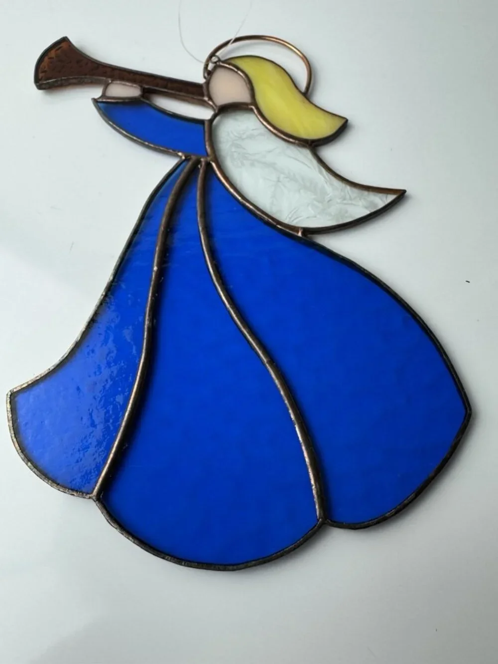 VTG Stained Glass Sun Catcher Angel w/Horn Ornament Handcrafted Christmas 9.5”